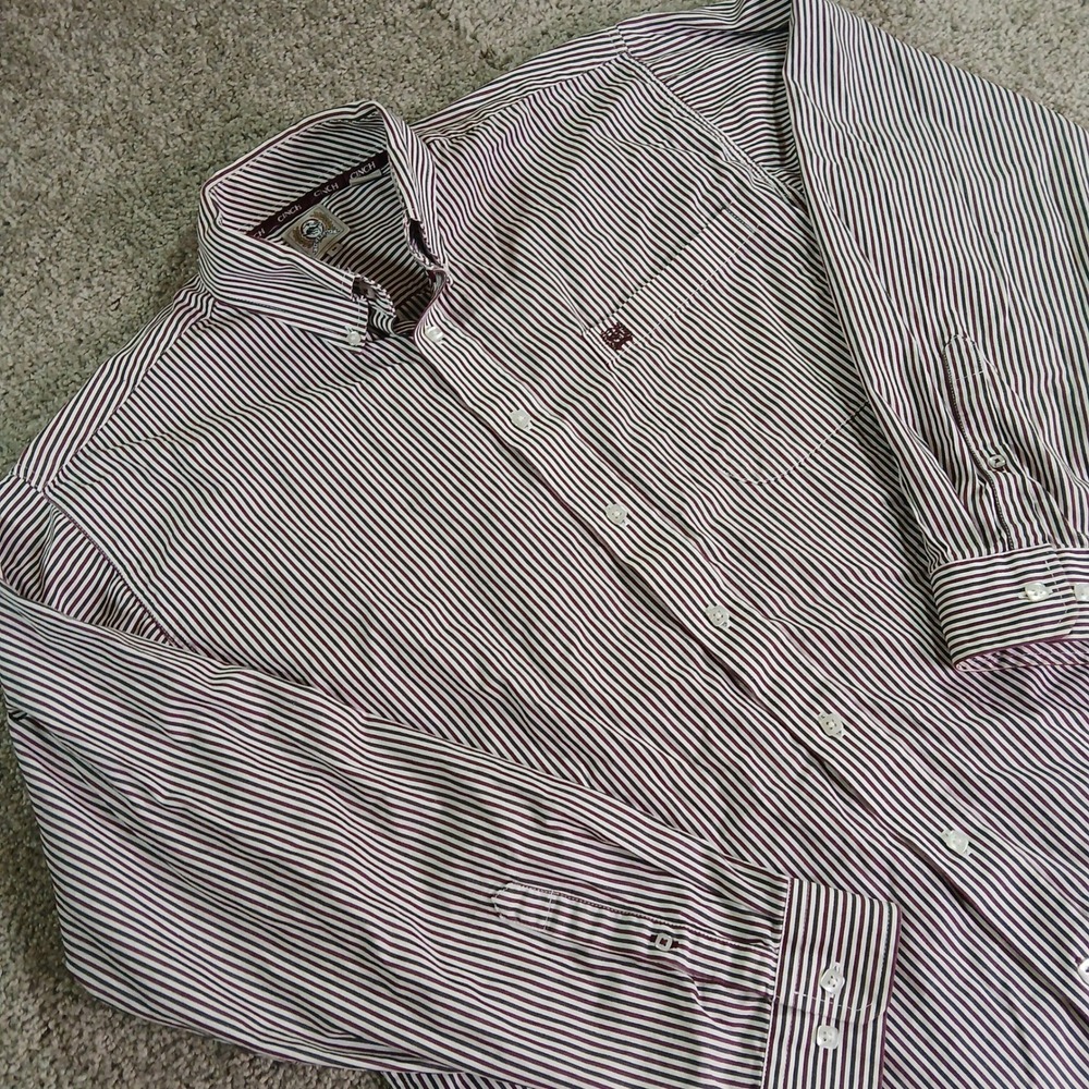 Cinch Mens Striped Button Down Shirt Burgundy Green White Long Sleeve Medium